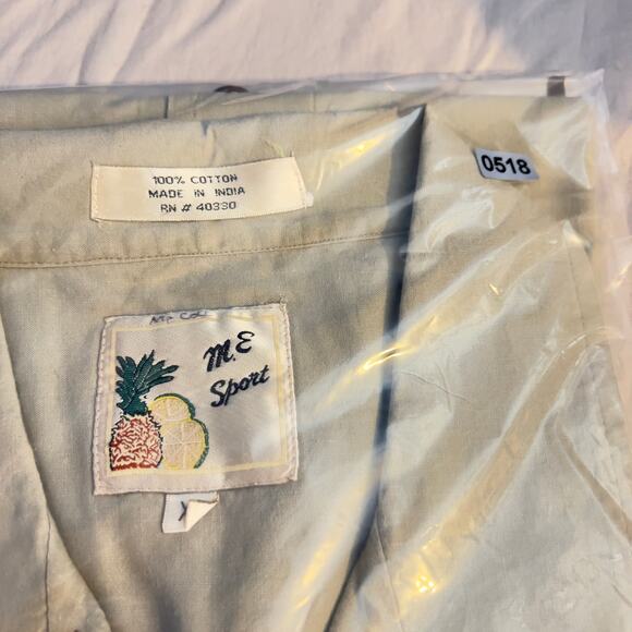 Button Shirt M.E. Sport Men's XL Tan w/ Slate Blue Floral Print Collared Cotton - Picture 9 of 9